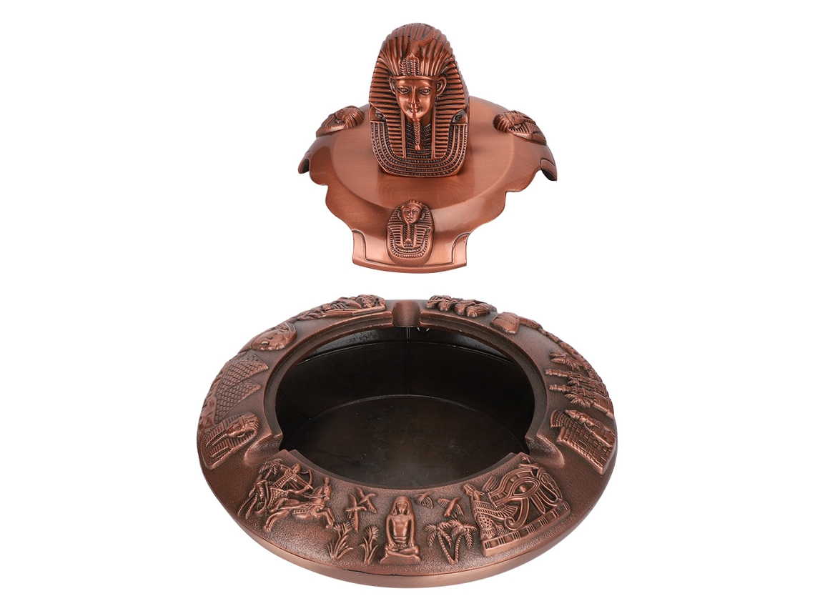 Cenicero De Metal Con Tapa, Forma De Faraón Egipcio, Acabado Bronce, Objeto Decorativo, Portátil.