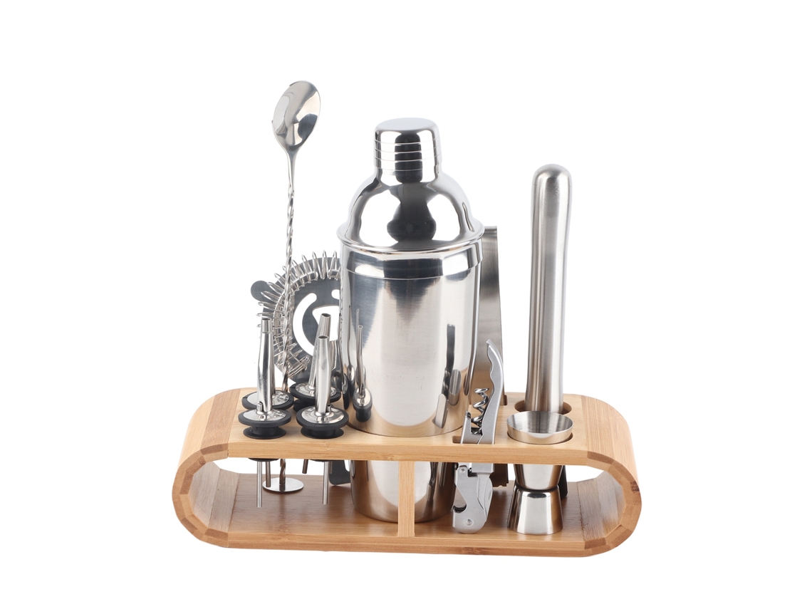 Juego De Coctelera De Acero Inoxidable De 11 Piezas Con Base De Madera Y Utensilios Para Preparar Martinis.