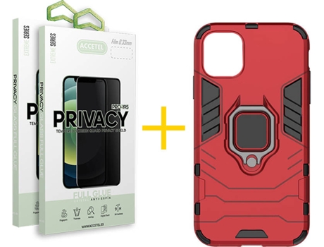 Kit Carcasa y Protector Cristal 2X Privacy Iphone 12 Mini Accetel Anti Choque Rojo