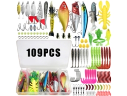 (set De 109 Piezas) Kit De Señuelos De Pesca, Que Incluye Cebos Blandos Y Metálicos, Anzuelos Y Accesorios.