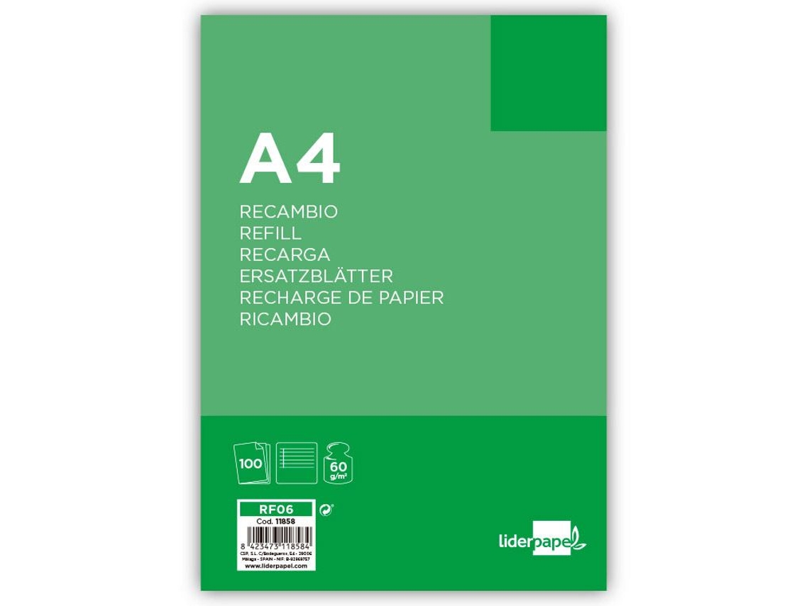 Recarga de Hojas LIDERPAPEL 100 Hojas 60g/m² 4 furos horizontal (A4)