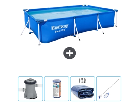 Piscina BESTWAY rectangular Steel Pro - 300 x 201 x 66 cm - Azul - Bomba incluida Filtrar - Vela solar - kit de limpieza