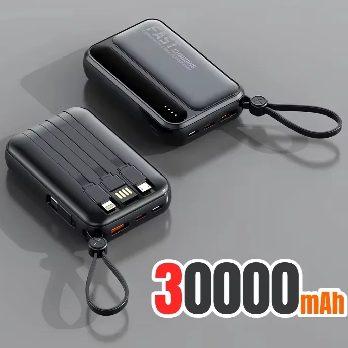 (negro 30000 Mah) Banco De Energía De Alta Capacidad, Cable De Datos 4 En 1, Pantalla Digital Inteligente Con Retroiluminación.