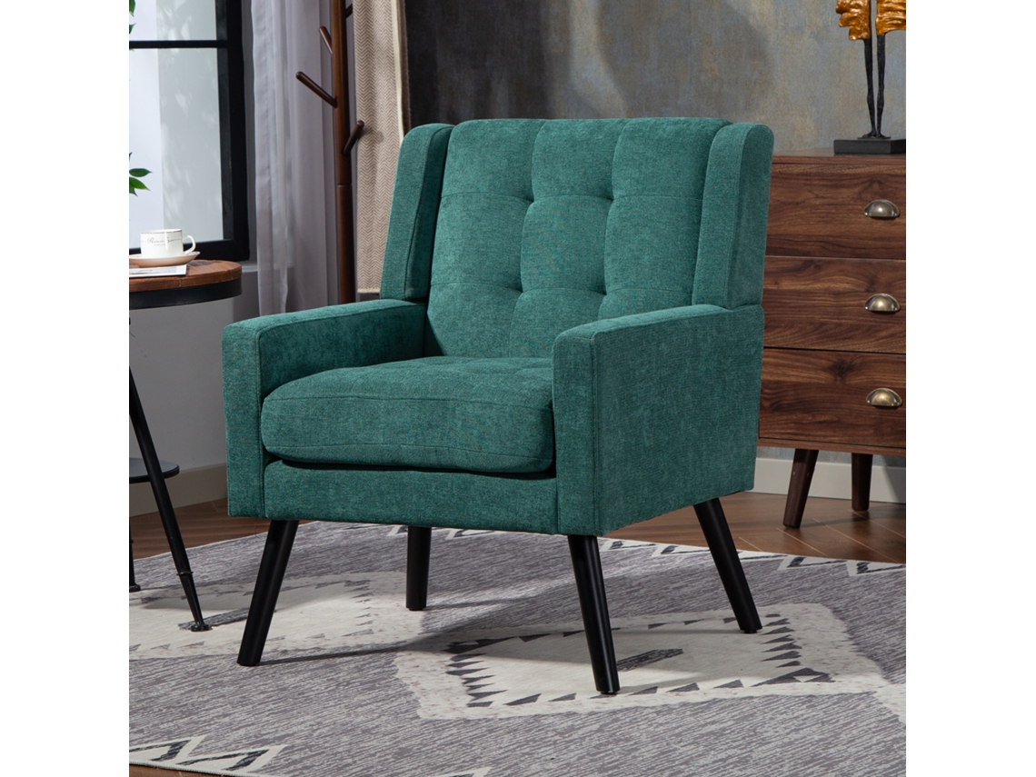 Sillón tapizado mediano - Estilo de mediados de siglo, cojín de alta densidad, patas de madera - Verde retro