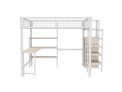 Cama Alta 140x200 Cm - Estructura De Hierro - Con Escritorio Y Estantes - Blanco