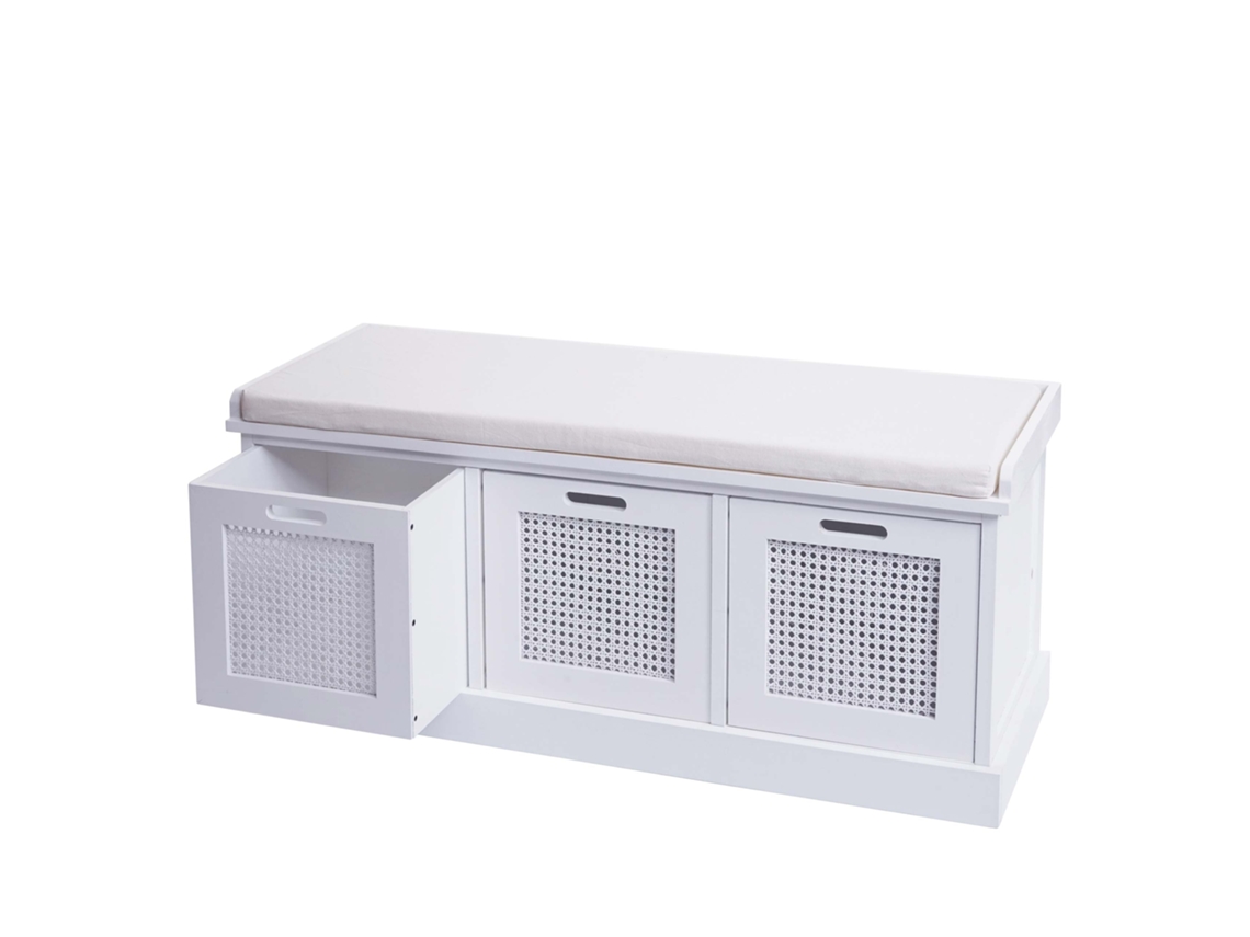 Banco En Madera de Paulownia Blanca Y Mdf Con Cojines Blancos Cajas de Almacenamiento 47X110X40Cm Ban04052 MOBIKASA
