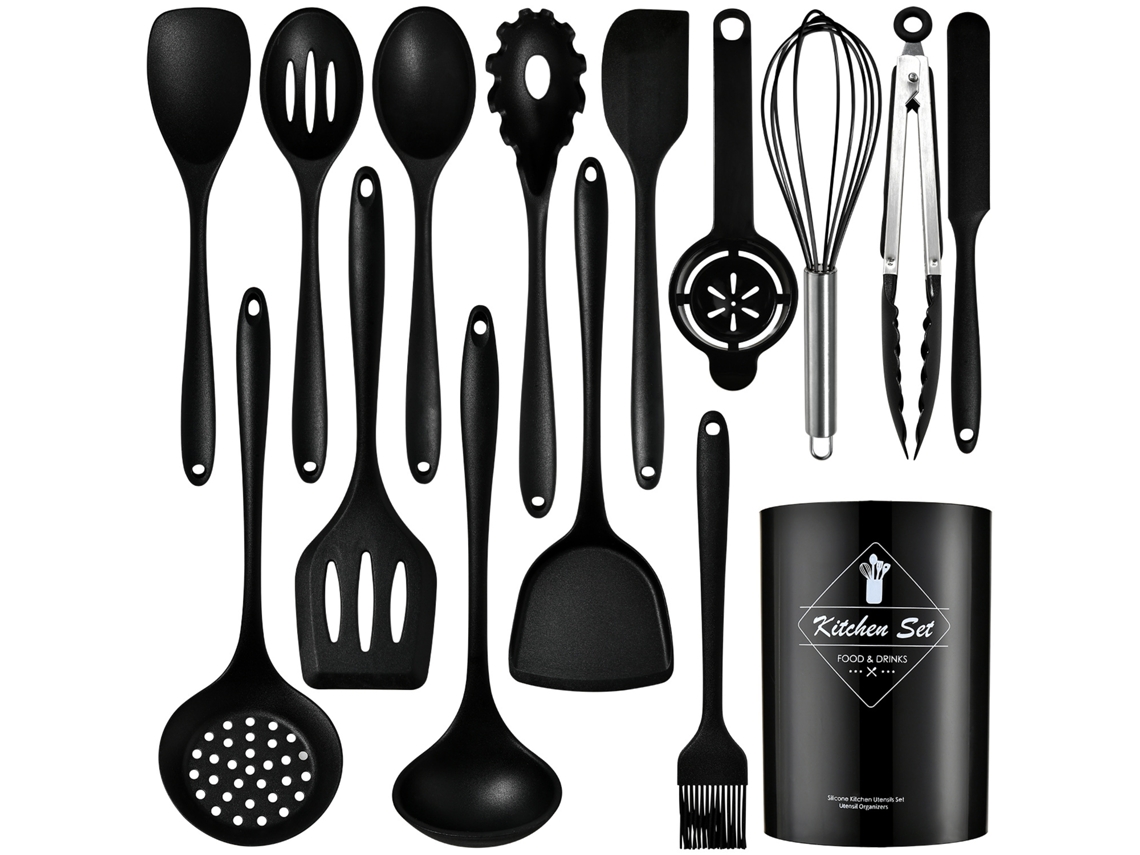 15 Peças De Utensílios De Cozinha De Silicone Panelas Resistentes Ao Calor Pretas GERTIZ