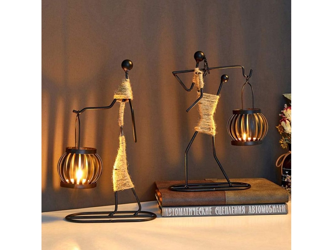 2026-portadores De Velas De Hierro Negro Retro Diseño Niña Con Cuerda De Cáñamo Para Decoración Hogar 2 Piezas