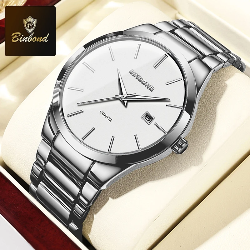 Relógio de Quartzo masculino clássico, com calendário, aço inox, à prova d'água, branco prateado