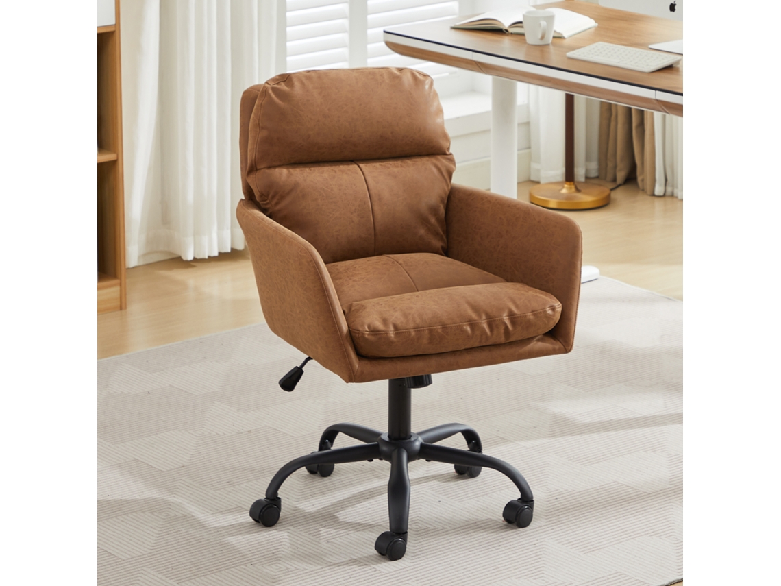 Silla De Oficina De Cuero Sintético Con Base Negra Y Base Marrón De Altura Regulable.