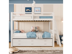Litera de 90x200 cm con cama supletoria y 3 cajones en madera maciza de pino y MDF blanco.