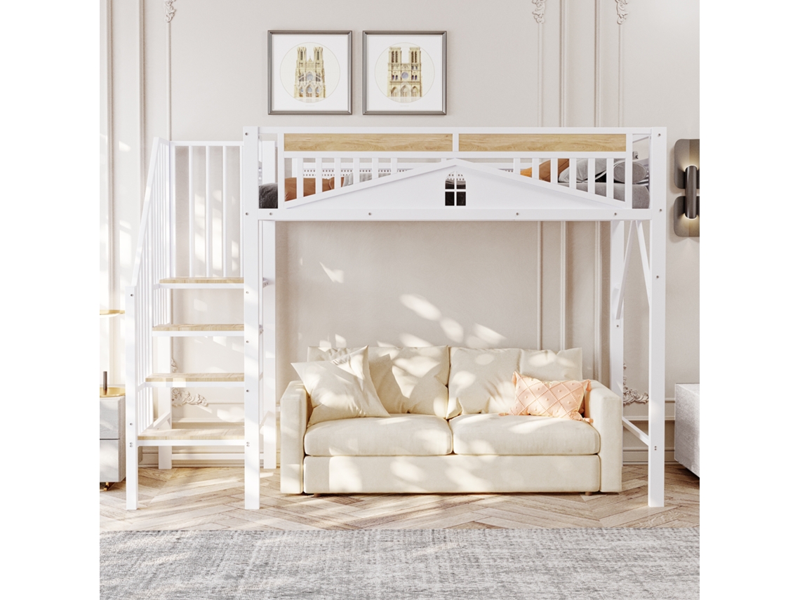 Cama Metálica Tipo Mezzanine 90x200cm Con Barandilla De Ventana Única, Escalera Segura, Gran Espacio Debajo, Blanco