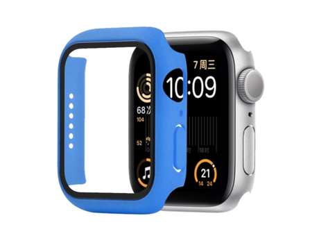 PC a prueba de golpes + funda protectora de vidrio templado con caja empaquetada para Apple Watch Series 6 y SE y 5 y 4 44 mm (azul)