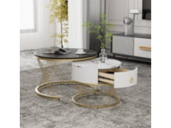 Mesa De Centro Apilable 2 Piezas - Marmoroptik, Decoraciones Doradas, Mesa Auxiliar Con Cajones - Negro
