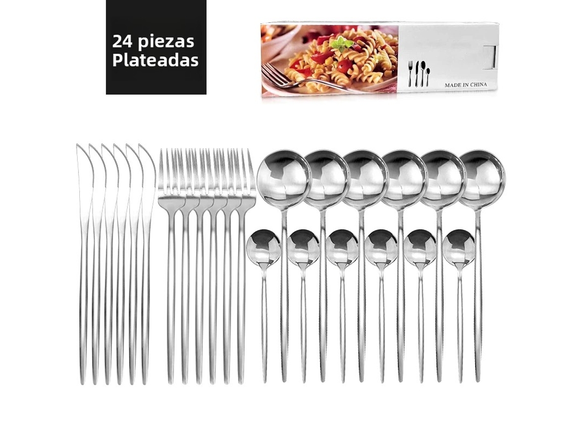 Juego de cubiertos de acero inoxidable de 24 piezas que incluye cuchillo, cuchara y tenedor. Cubiertos de plata estilo occidental. Mdug (plata)