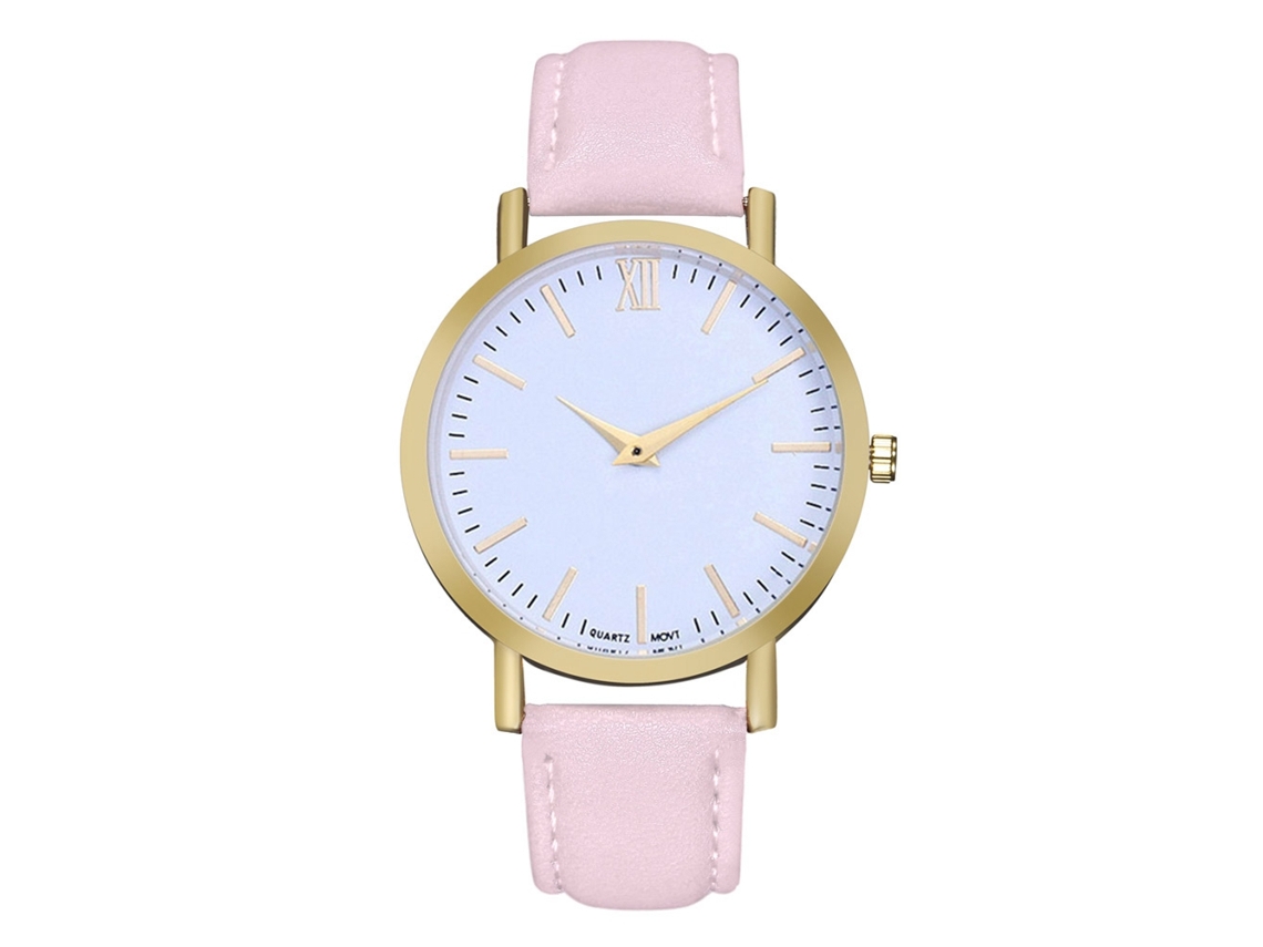Reloj De Pulsera De Cuero Analógico De Cuarzo Redondo Para Parejas Mujer Hombre Rosa