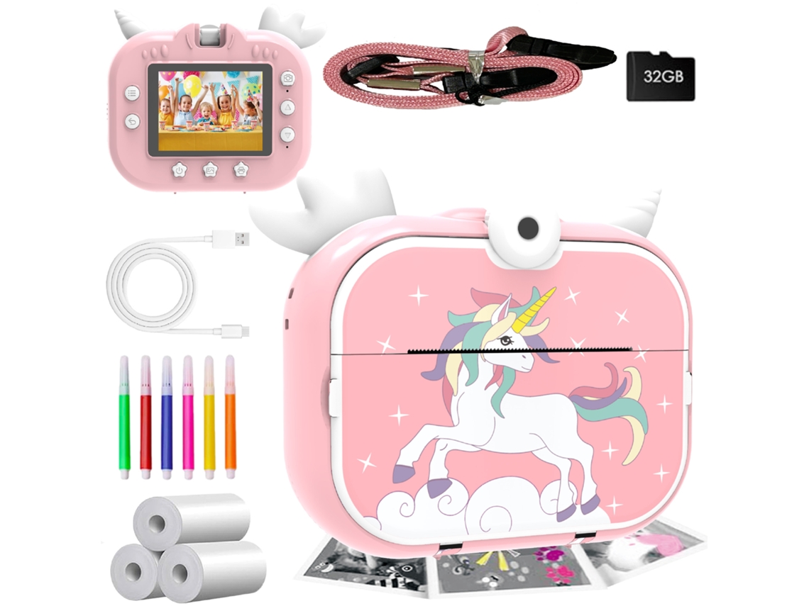Cámara instantánea infantil con impresión, lente giratoria de 180° y tarjeta de 32 GB (Unicornio Rojo) Specment