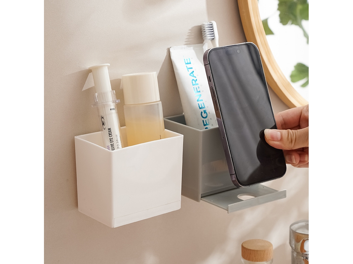 Estante de pared adhesivo (no requiere perforación), soporte integrado para teléfono móvil, caja multifuncional para baño y dormitorio.