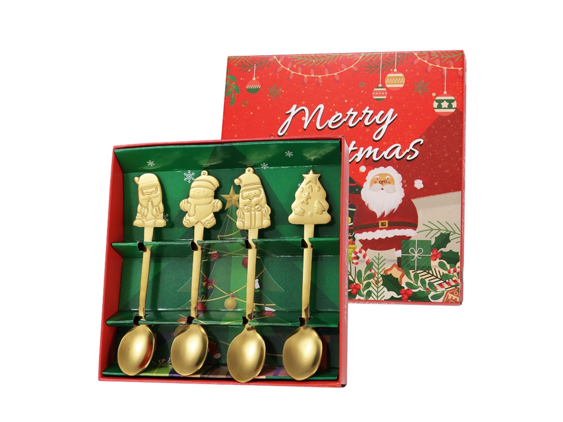 Caja de regalo con cuchara navideña, platos de acero inoxidable, juego de cucharas de café con diseño de hombre de jengibre