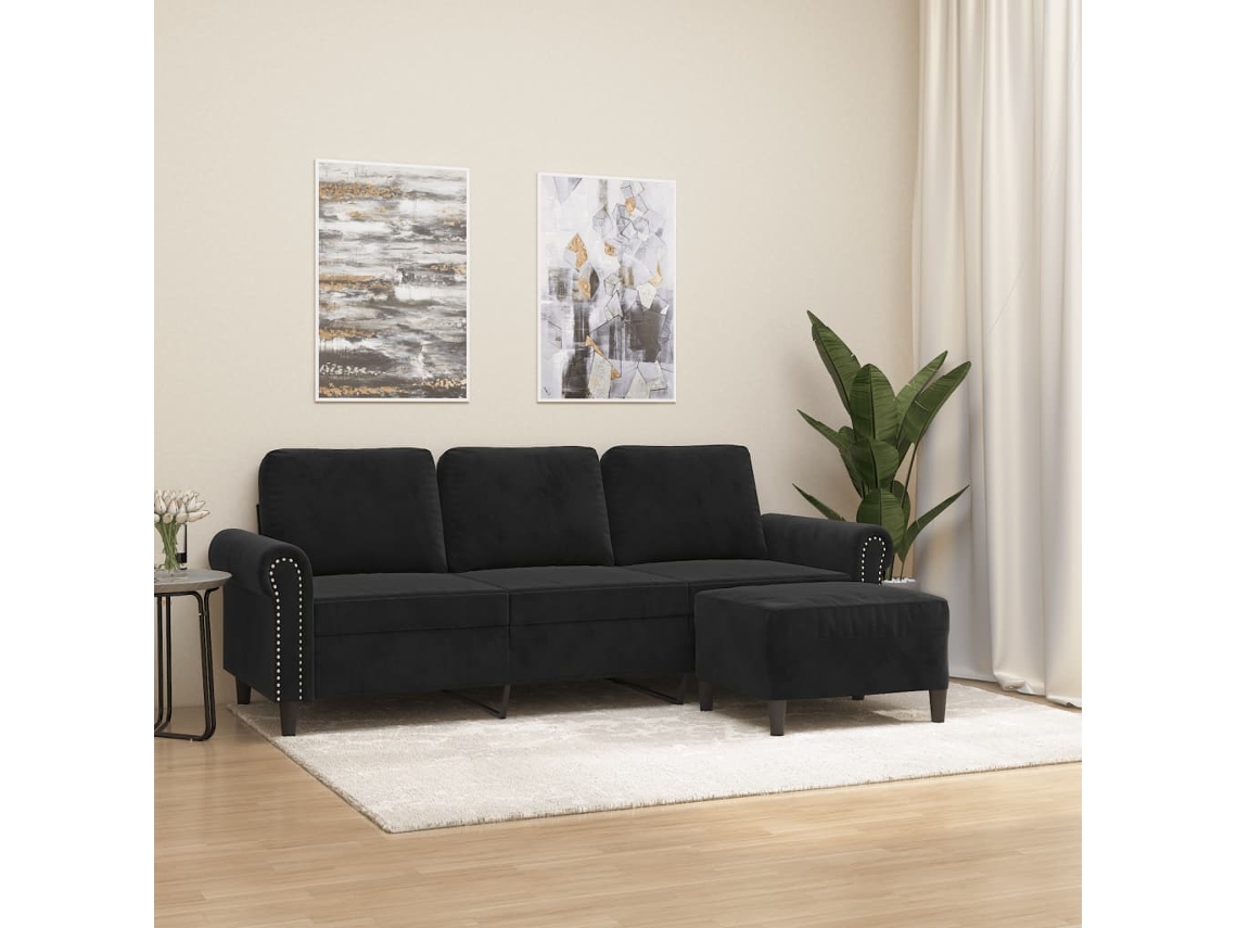 Sofá De 3 Plazas | Sofá De Salón | Sofá De Descanso Con Taburete De Terciopelo Negro 180 Cm