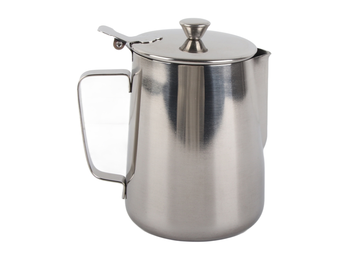 Jarra de acero inoxidable para espumar leche con tapa para café con leche, color plateado (1000 ml)