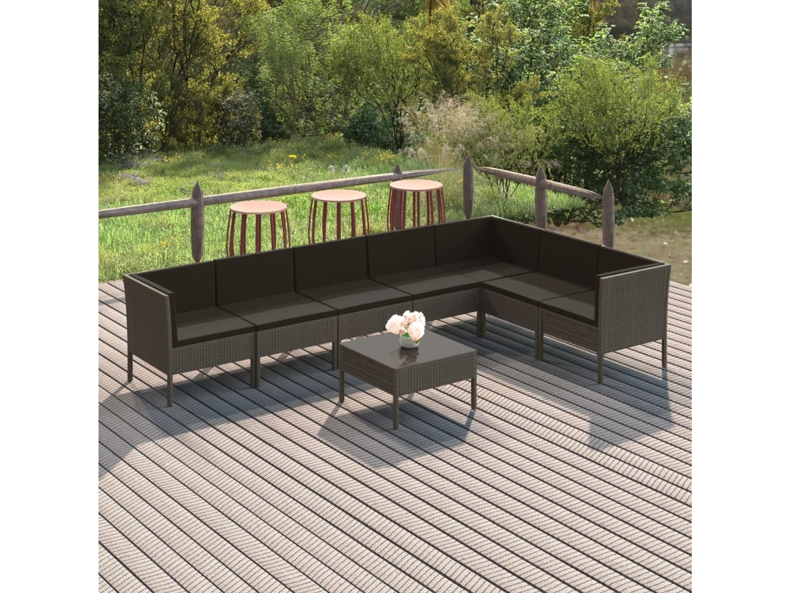 Conjunto de jardín de 8 piezas con cojines en mimbre gris, DKD Home Decor