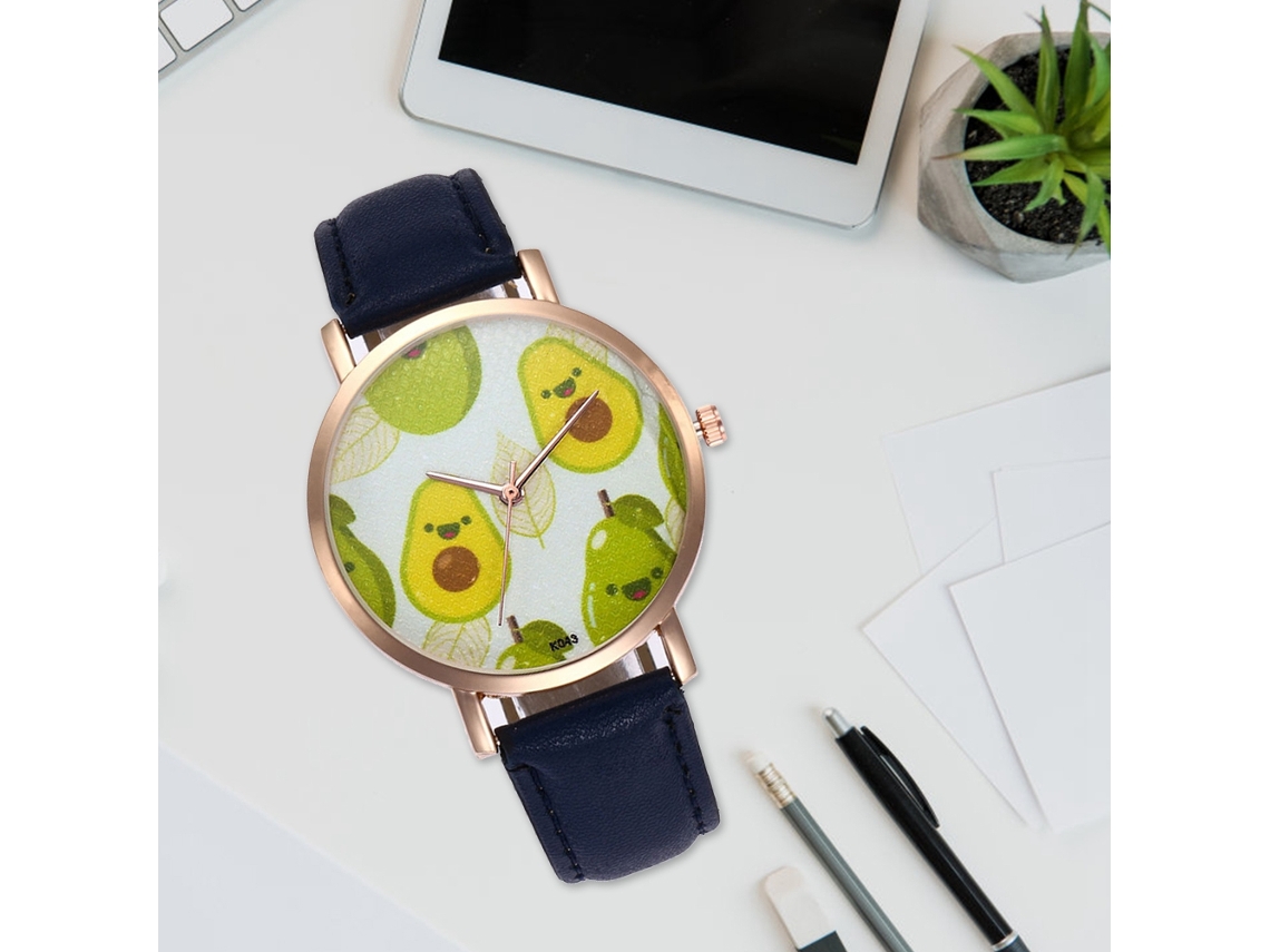 Reloj De Cuarzo Con Correa De Cuero Pu Para Parejas, Dial Con Patrón De Frutas (azul)