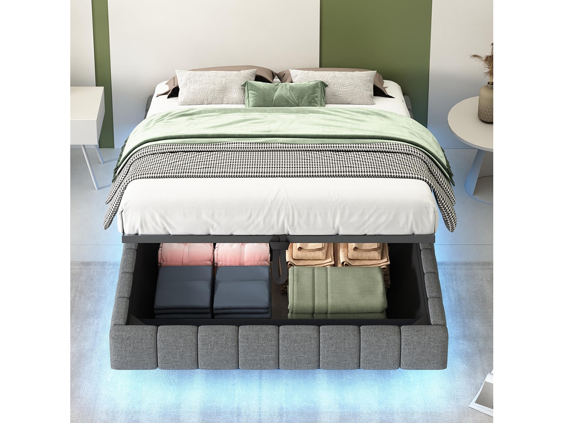 Cama tapizada de 140 x 200 cm, base flotante hidráulica, sin cabecero, color gris