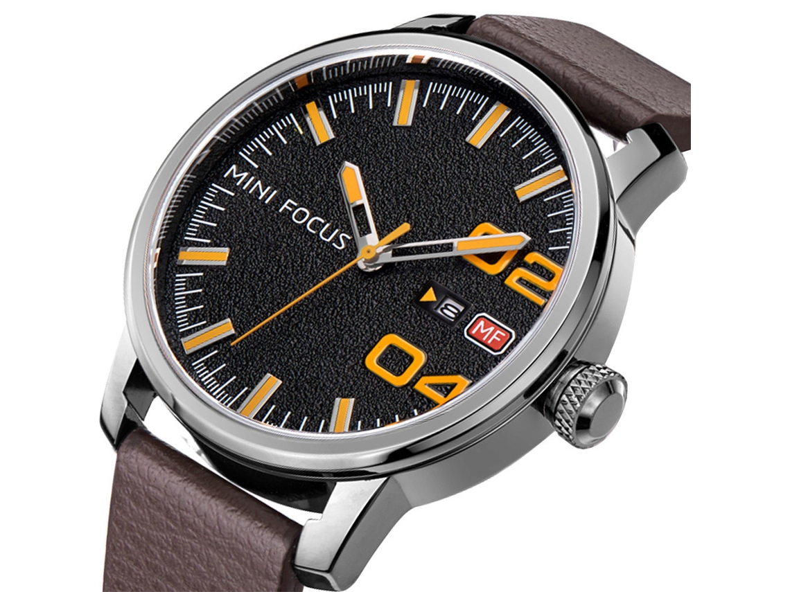 Reloj De Pulsera Para Hombres Mini Focus Analógico De Cuero Impermeable Quartz Naranja Negro