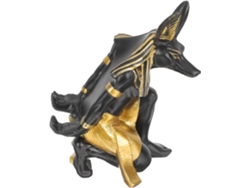 Botellero de resina negra con escultura del perro Anubis, diseño único y delicado.