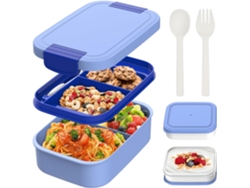 Fiambrera para niños y adultos - 1960 ml con compartimentos - Libre de BPA - Incluye recipiente para cubiertos y salsa - Azul