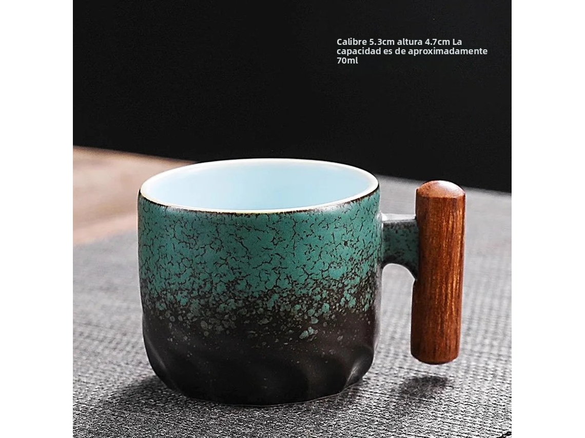 Taza de café vintage hecha a mano con asa de madera, de cerámica resistente a productos químicos. Mdug (verde, 70 ml)