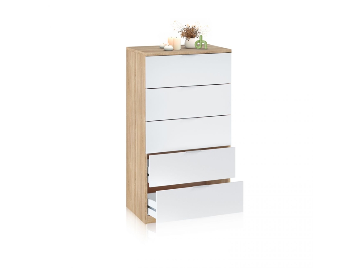 Cómoda de 5 cajones en formato vertical 60x110 cm Akari Blanco Artik (Blanco Mate) - Roble Canadian 60 x 110 x 40 cm