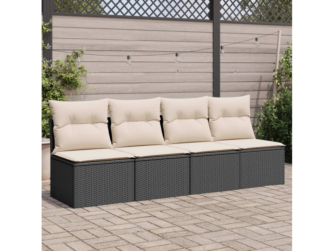 Sofá de jardín con cojines, 4 plazas, mimbre, negro, PE, Dkd Home Decor