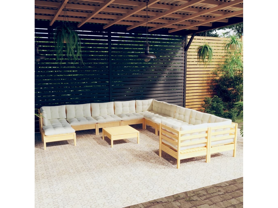 12 Pcs Conjunto Lounge De Jardim C/ Almofadões Cor Creme Pinho Dkd Home Decor