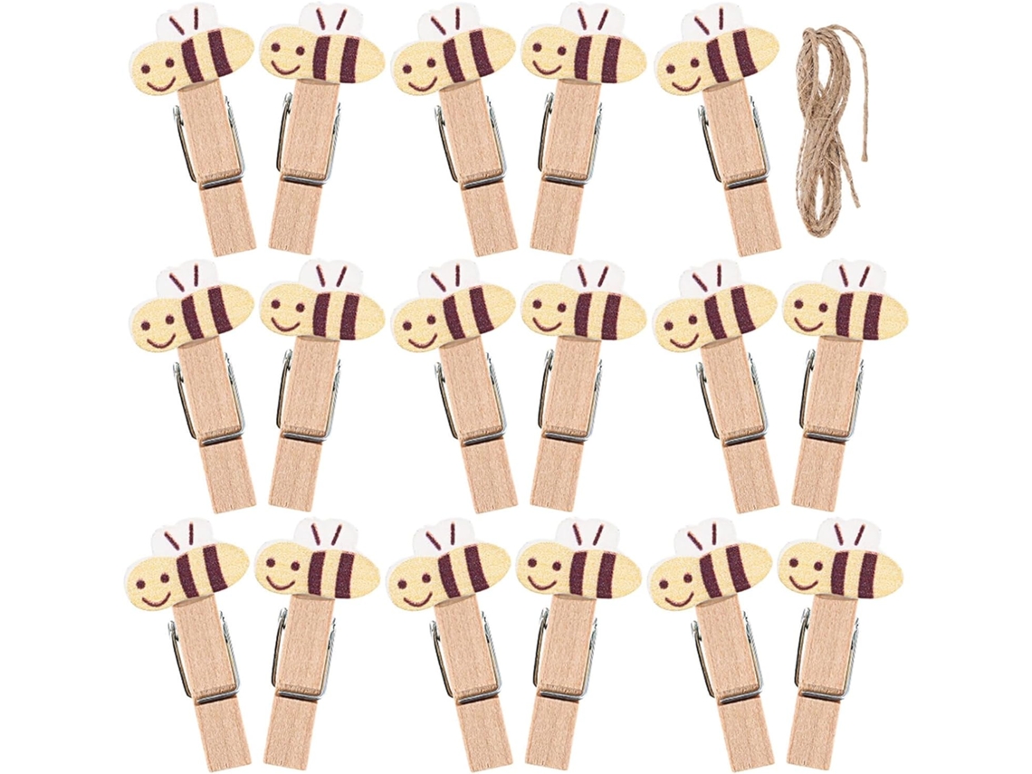 Juego de 100 pinzas decorativas para ropa, madera natural, diseño de abeja, 4 cordones, ideal para scrapbooking, GOKOCO