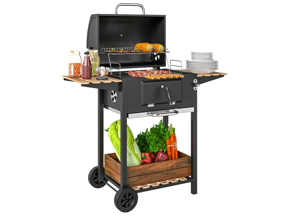Barbacoa De Carbón Regulable En Altura Con Parrilla, Tapa, Termómetro, Estantes, Ruedas Abridor Botellas, Color Negro.