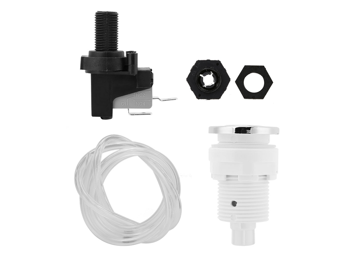 Tubo de desagüe para bañera con botón de presión de aire, manguera de aire y microinterruptor con sistema de autobloqueo