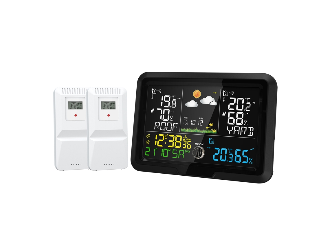 Estación meteorológica digital con sensor, pantalla HD, pronóstico del tiempo, presión atmosférica, fase lunar, sin marca.