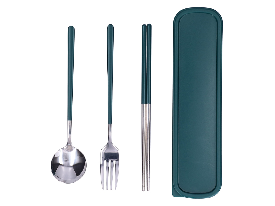 Juego De Cubiertos De Acero Inoxidable De 3 Piezas Con Tenedor, Cuchara Y Palillos Para Cocina/oficina - Verde/plata