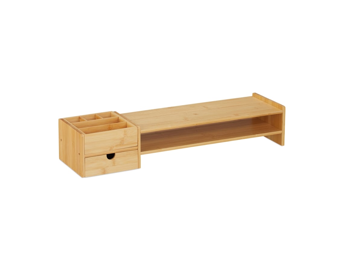 Suporte Para Monitor Relaxdays, Em Bambu, Com Gaveta E 5 Compartimentos, 13 X 70 X 19 Cm, Suporte De Mesa Natural