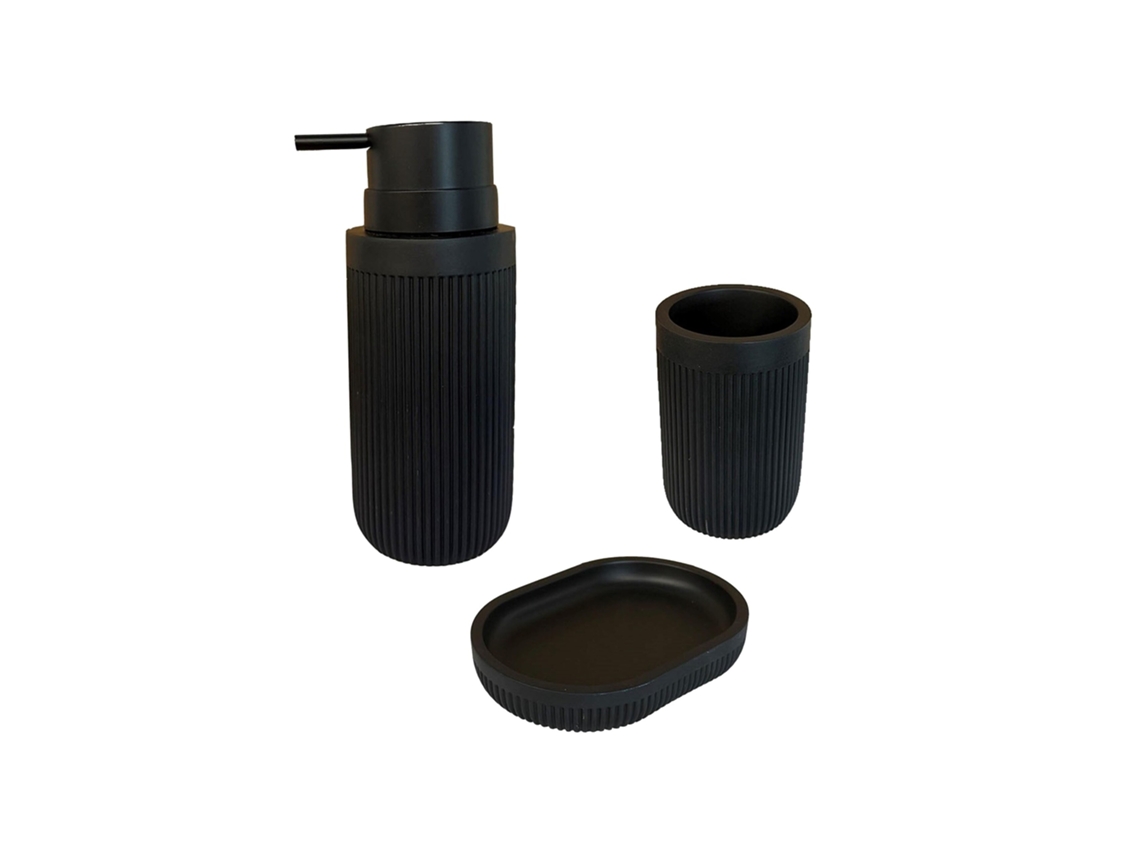 Accesorios De Baño Relaxdays, 3 Piezas, Jabonera, Dispensador, Vaso Para Cepillos, Polirresina, Negro