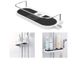 Soporte ajustable de aluminio para lavabo y ducha, apto para barras de 19" y 25 mm, con doble gancho y diseño antideslizante.