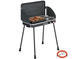 Parrilla De Gas Portátil, 2 Quemadores, 7 Kw, Mesa 2 En 1 Con Función Asado, Patas Plegables, Rejilla, Paravientos, Tapa Y Mecanismo Bloqueo.