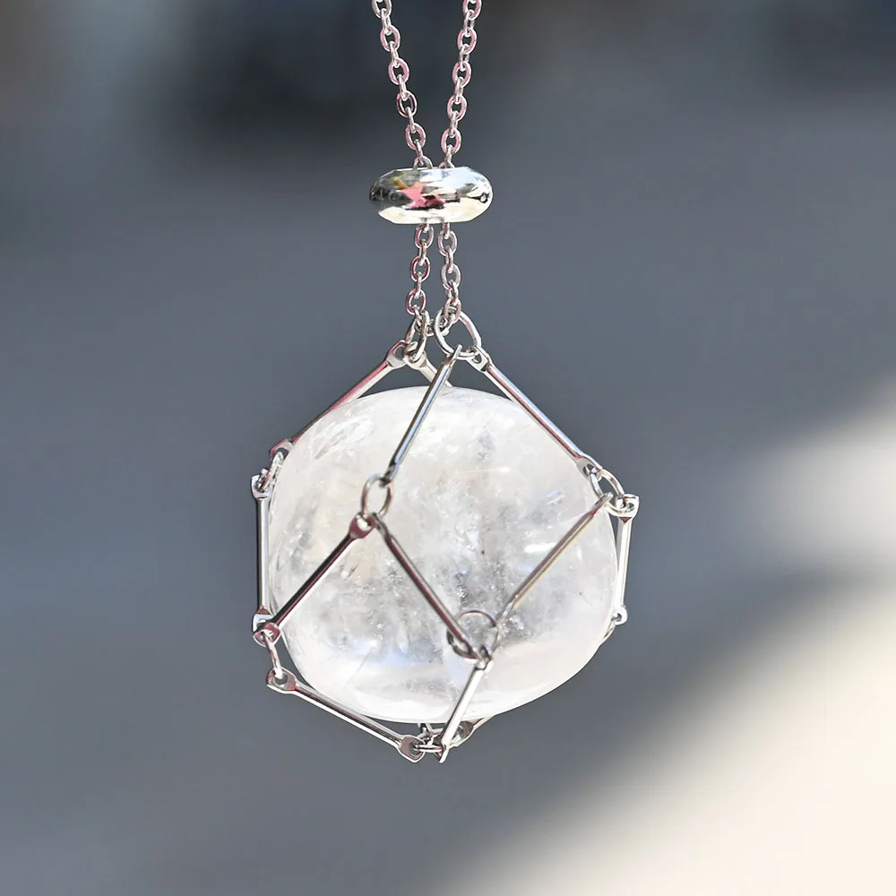 (cristal Transparente) Collar Con Colgante De Cristal, Bolsillo De Malla De Piedra Rugosa Irregular, Cadena De Bambú De Metal, Malla, Piedra, Colgante De Cristal