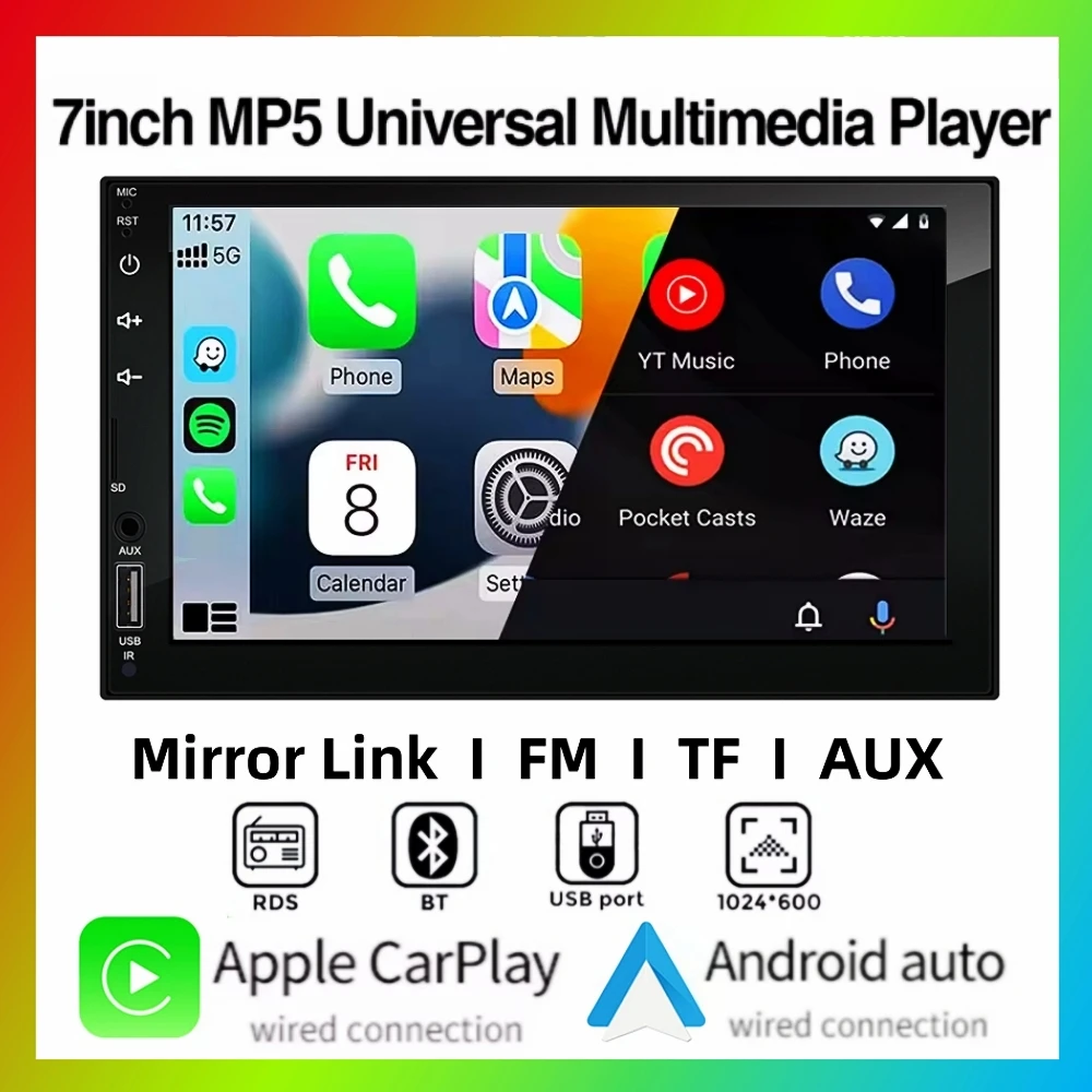 Reproductor multimedia MP5 de 7 pulgadas y 2 DIN, compatible con CarPlay y Android Auto mediante cable, pantalla táctil y carga rápida USB.