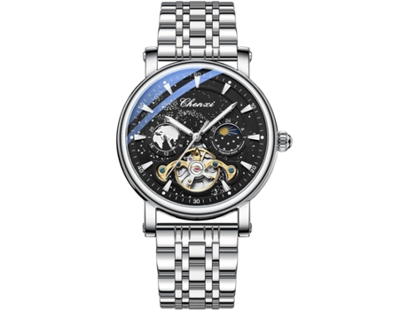 VEANXIN Reloj de pulsera mecánico con cuerda automática y fase lunar, resistente al agua, con correa de cuero-acero azul