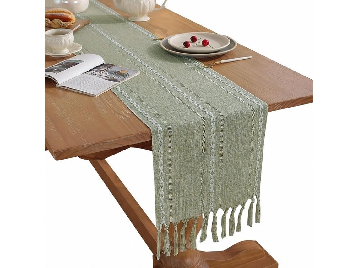 Rebe-mantel De Mesa Verde Salvia Con Rayas Y Borlas Tejido (33*183 Cm)
