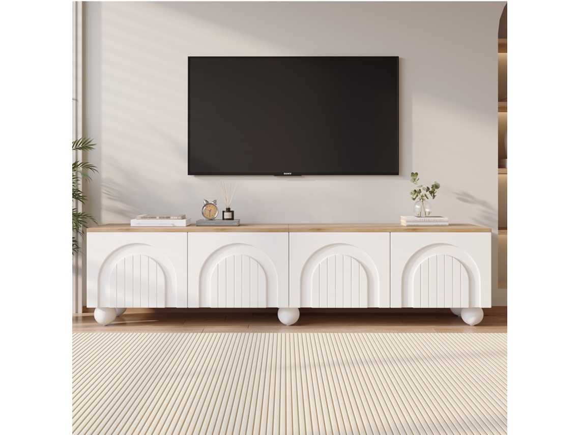 Mueble Para Tv, 4 Puertas, 180x40x45 Cm, 6 Patas De Metal Esférico, Para Tv De 80 Pulgadas, Blanco Y Madera
