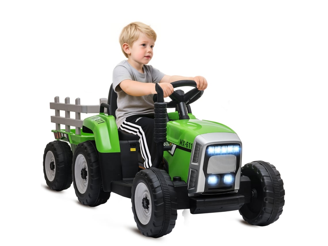 Tractor eléctrico con remolque desmontable, control remoto, música MP3, luces y cinturón de seguridad, 136,5 x 50 x 52,5 cm, verde, ZENCORE SERVICES